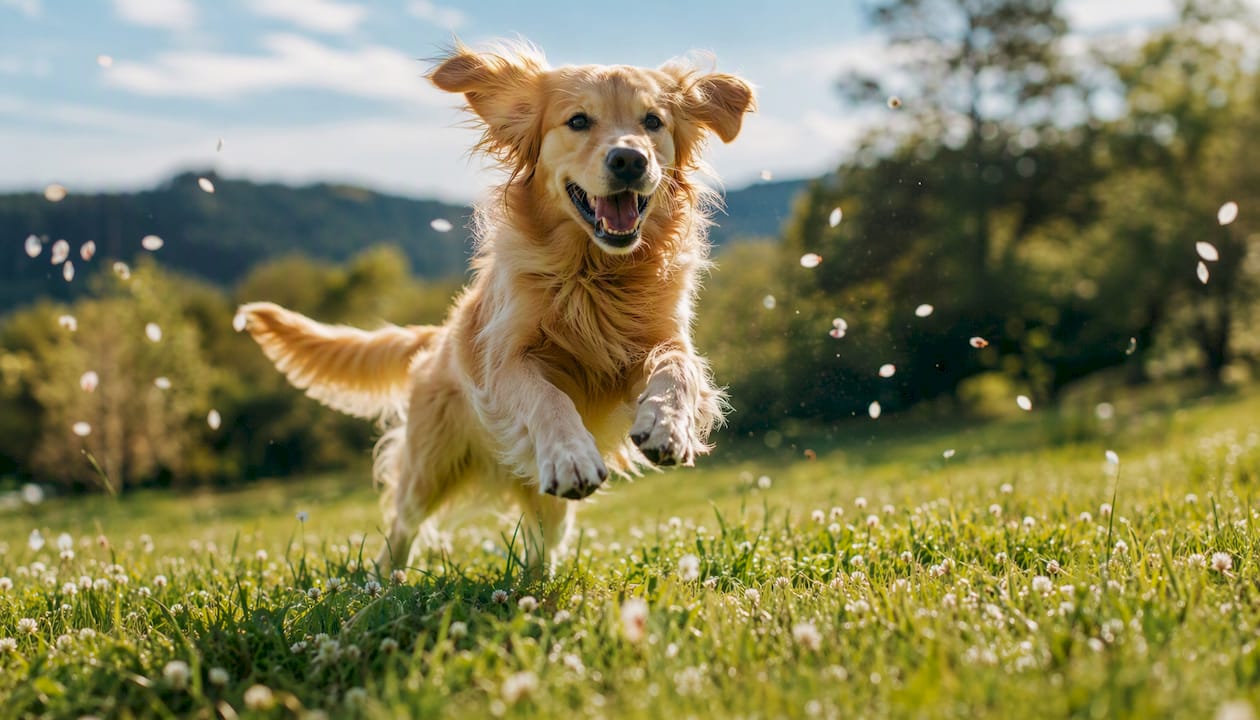 Im Sonnenlicht des Gartens glänzt das gesunde Fell meines Hundes besonders schön.