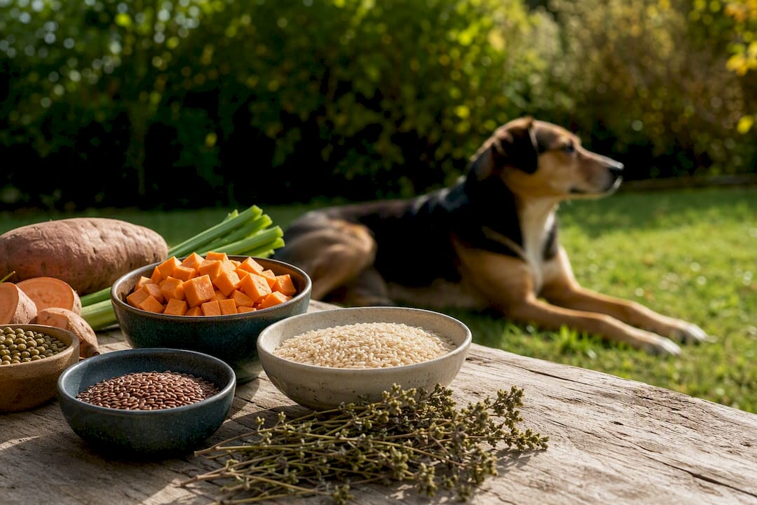 Natürliche Inhaltsstoffe für die Darmgesundheit mit ruhendem Hund