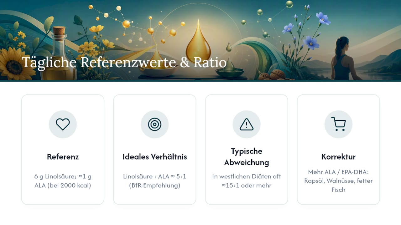 Tägliche empfohlene Aufnahme und Verhältnis der essentiellen Fettsäuren