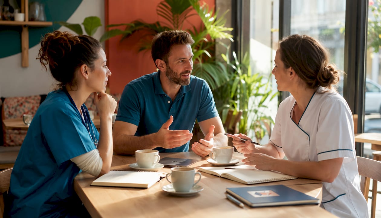 Échanges entre soignants autour d’un café, pour partager expériences et conseils dans une ambiance conviviale.