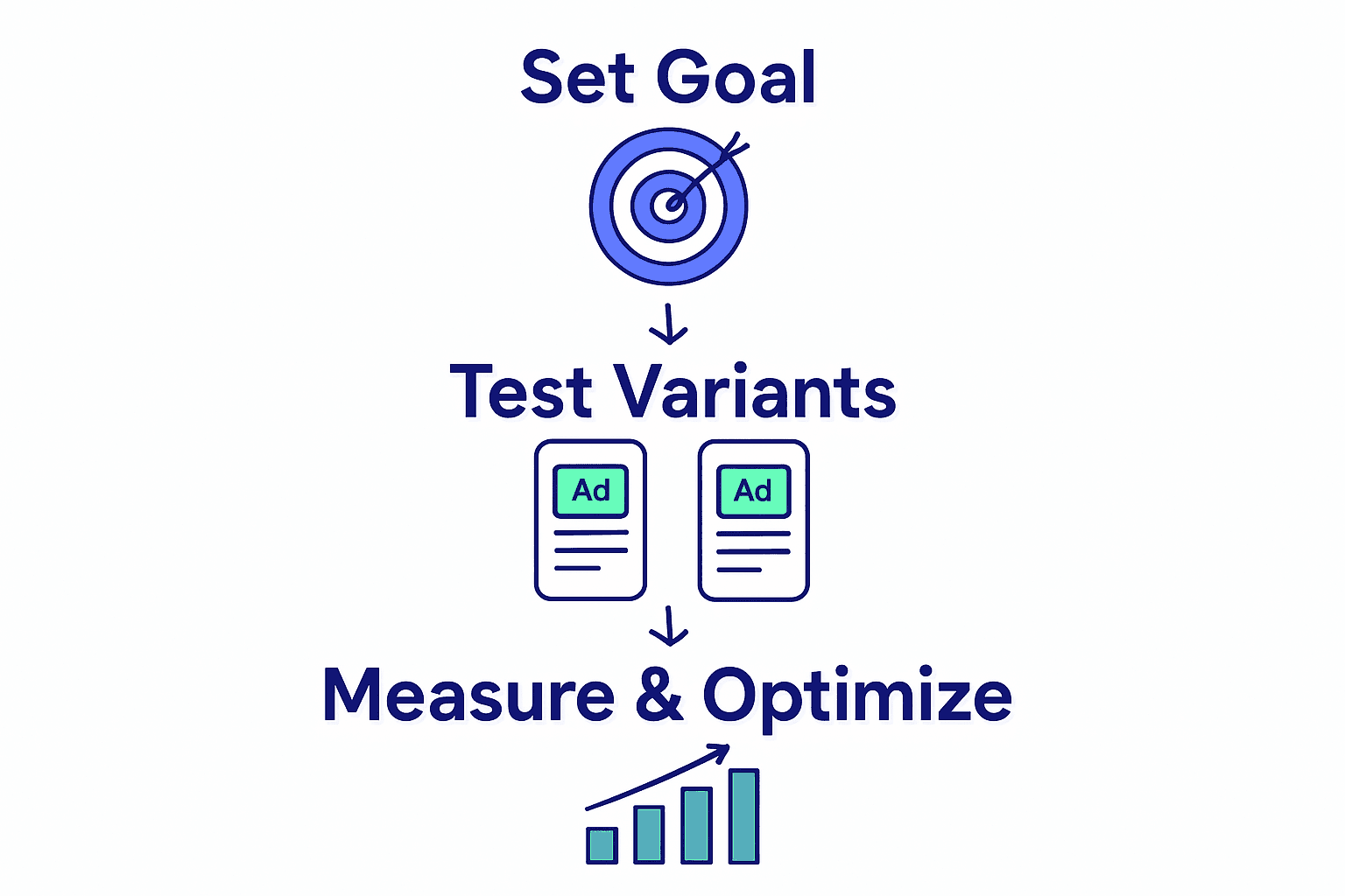 Mobile game ad A/B testing flowchart showing goal, variants, and optimization stages.