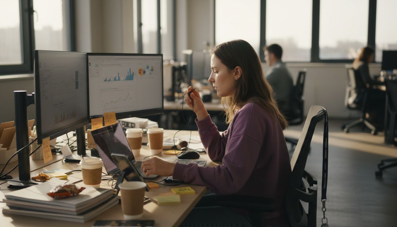 Game marketer reviewing analytics at desk