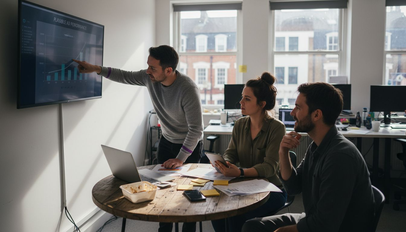 Team analyzes playable ad performance in office