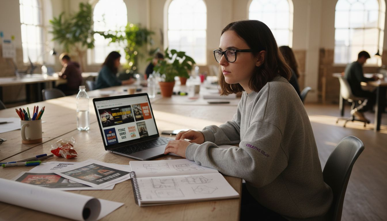 Designer reviewing ads mock-ups on messy desk