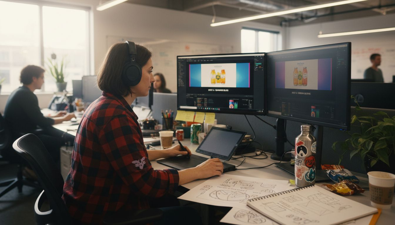 Designer reviewing multiple video ad formats