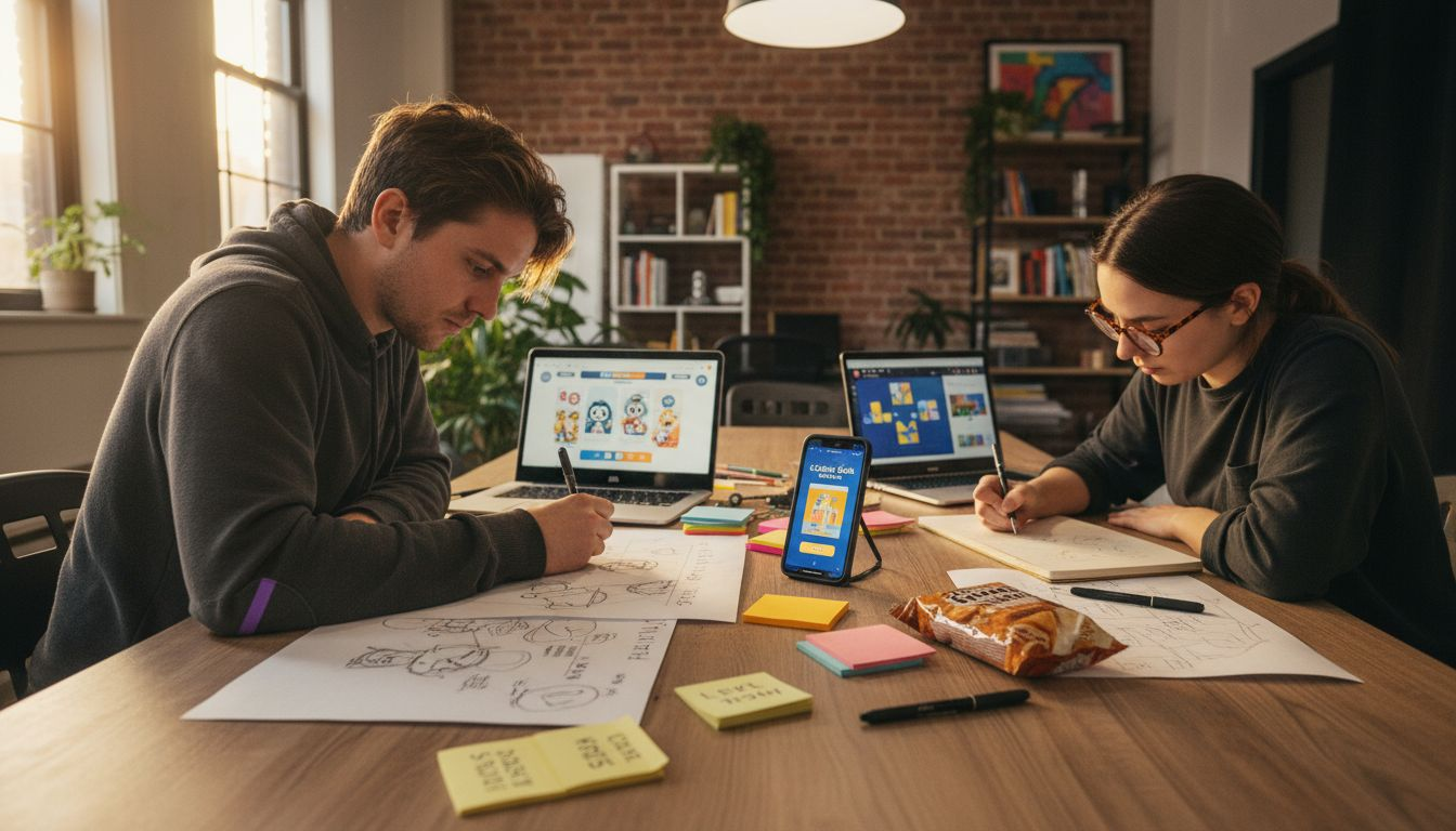 Designers sketching mobile ad game ideas
