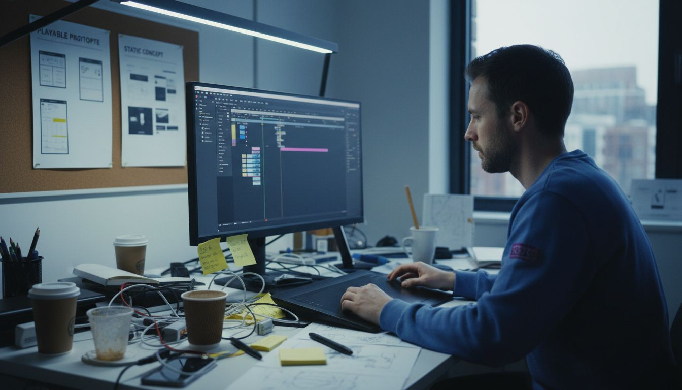 Designer creating playable and static ads at desk