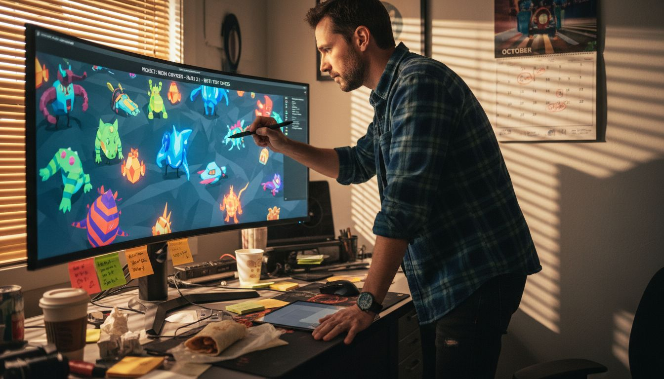 Designer editing game ad assets at workstation