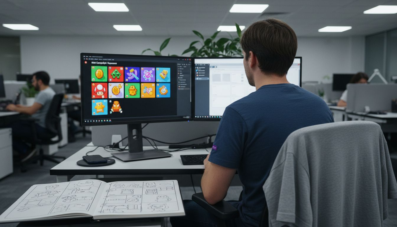 Designer building playable ad with dual monitors