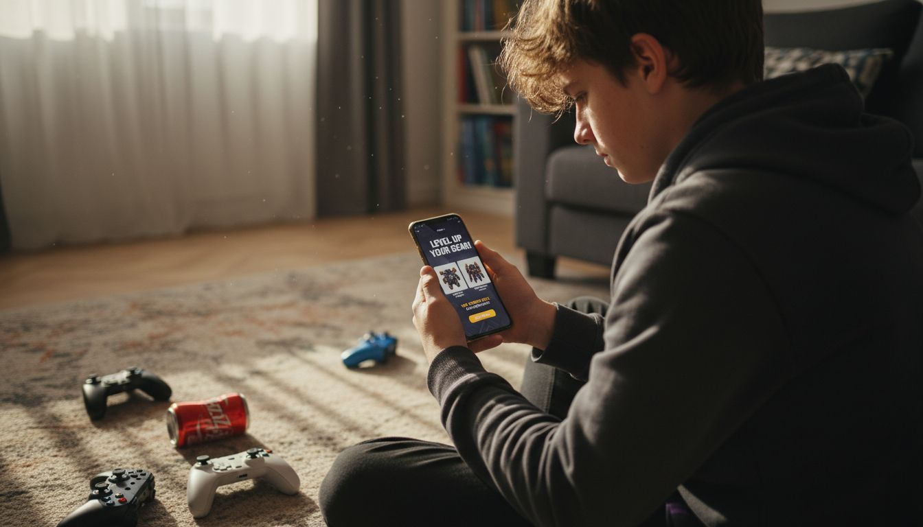 Teen playing mobile game with full-screen ad