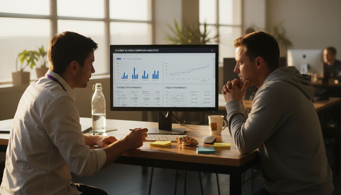 Team studying analytics for playable ad campaigns