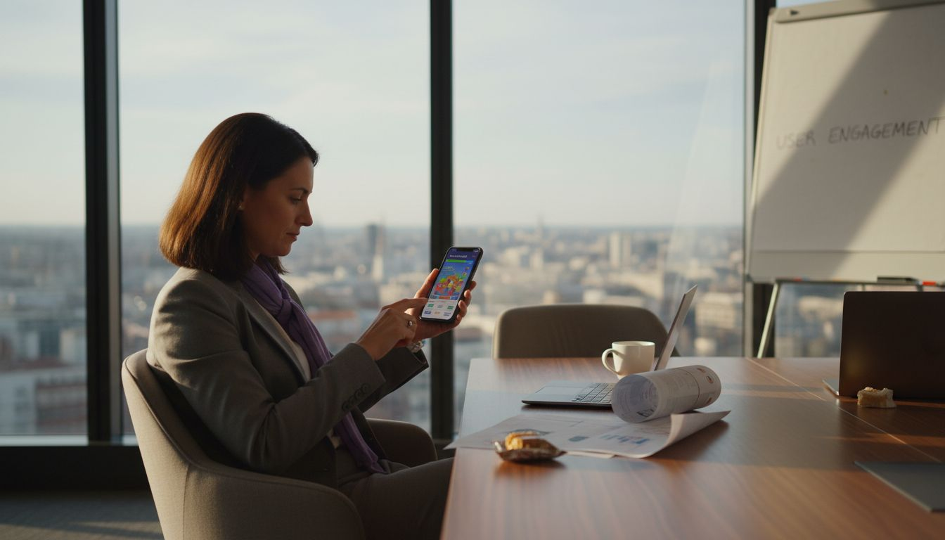 Woman testing playable ad in conference room