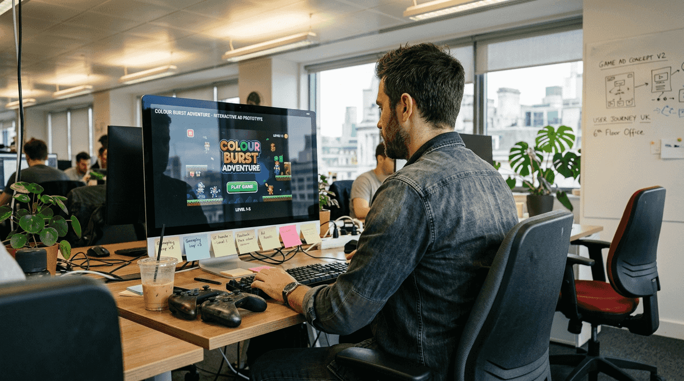 Marketer testing playable ad prototype at desk