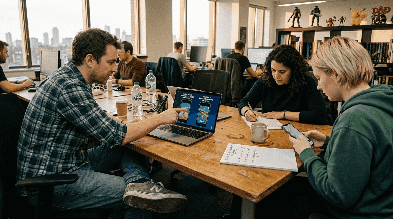 Team reviewing playable ad variations together