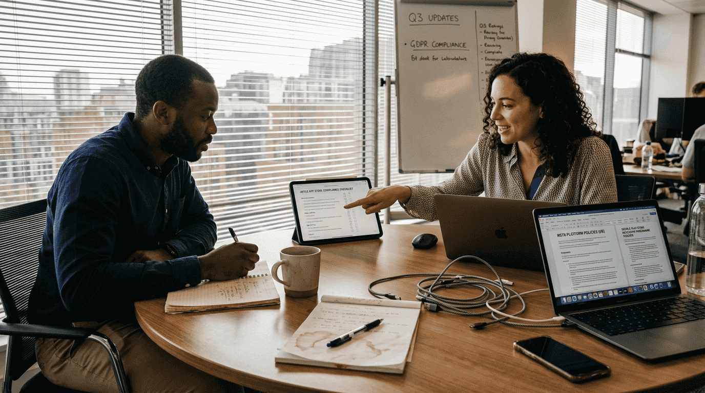 Team meeting reviewing ad policy documents