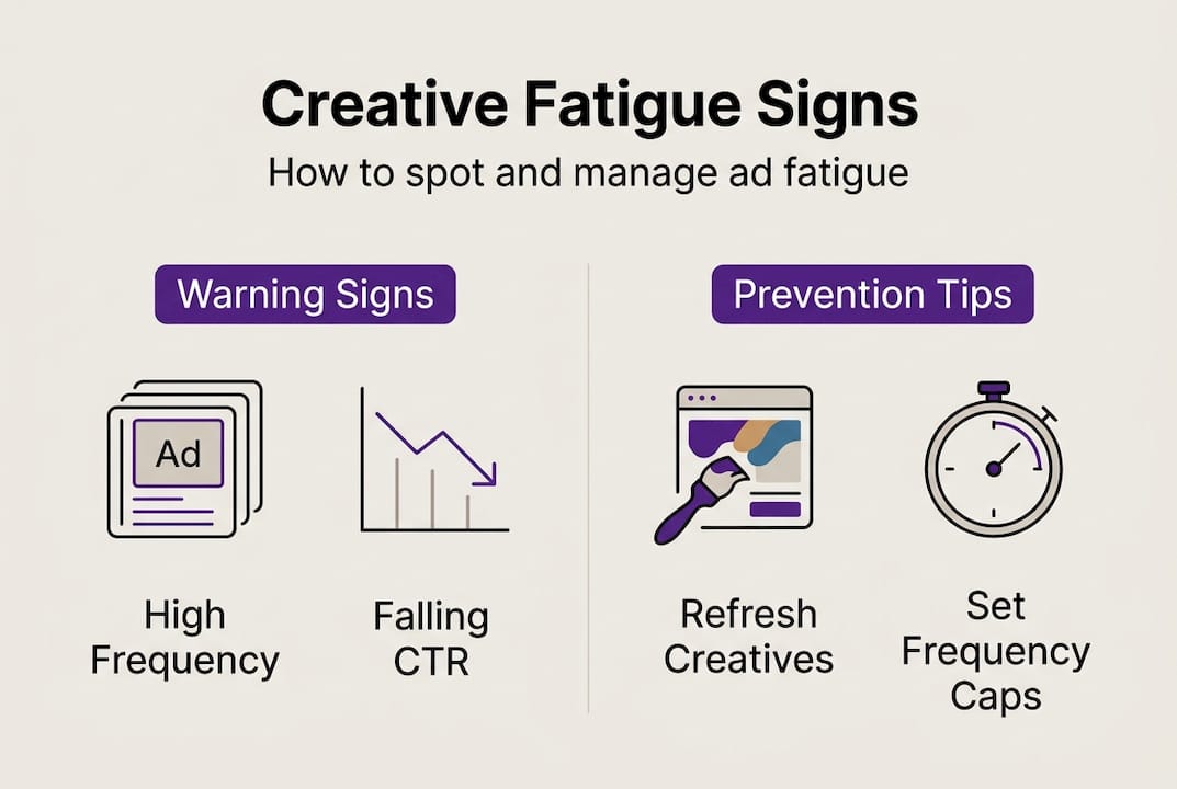 Infographic showing creative fatigue signs and tips