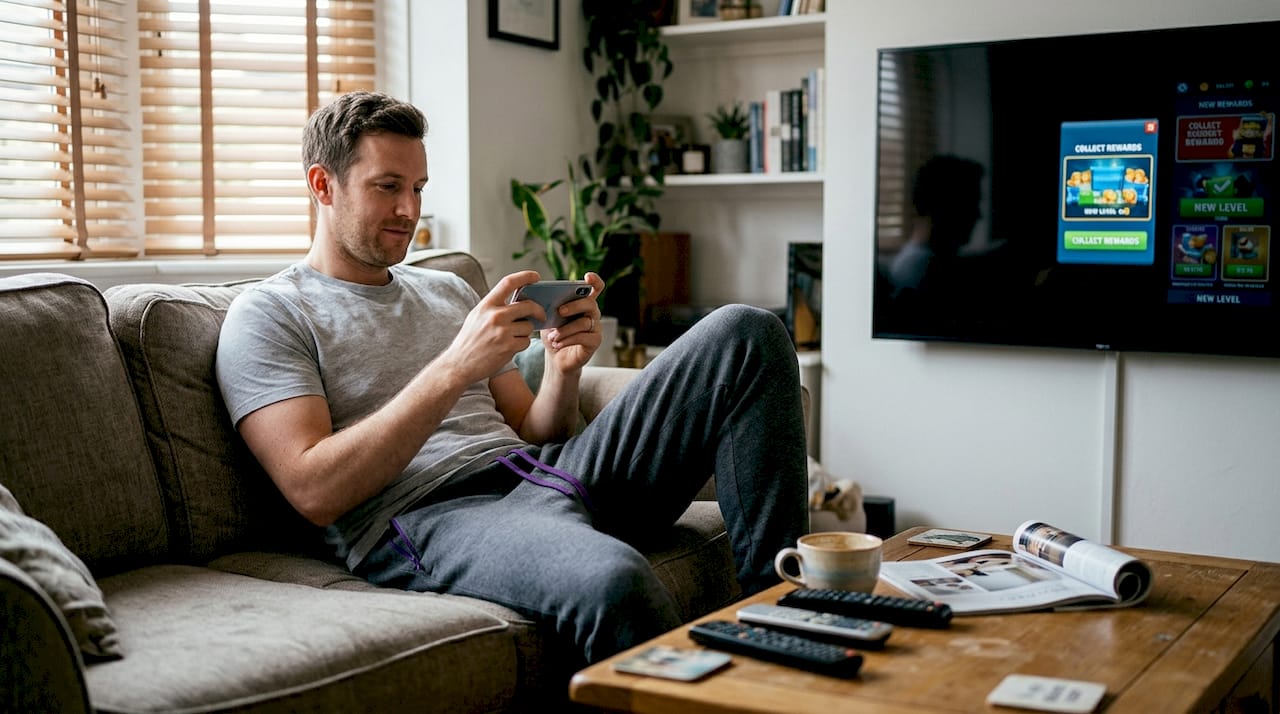 Casual gamer plays mobile game with ads