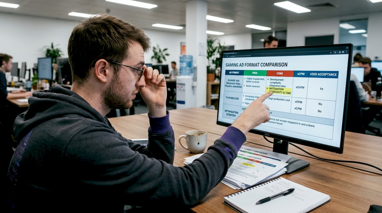 Developer reviewing ad strategy comparison charts