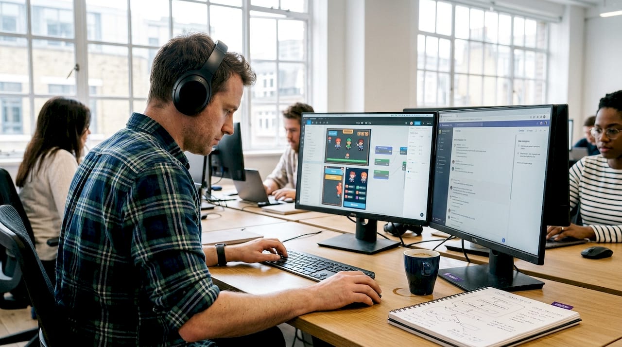Developer building playable ad at desk with monitors