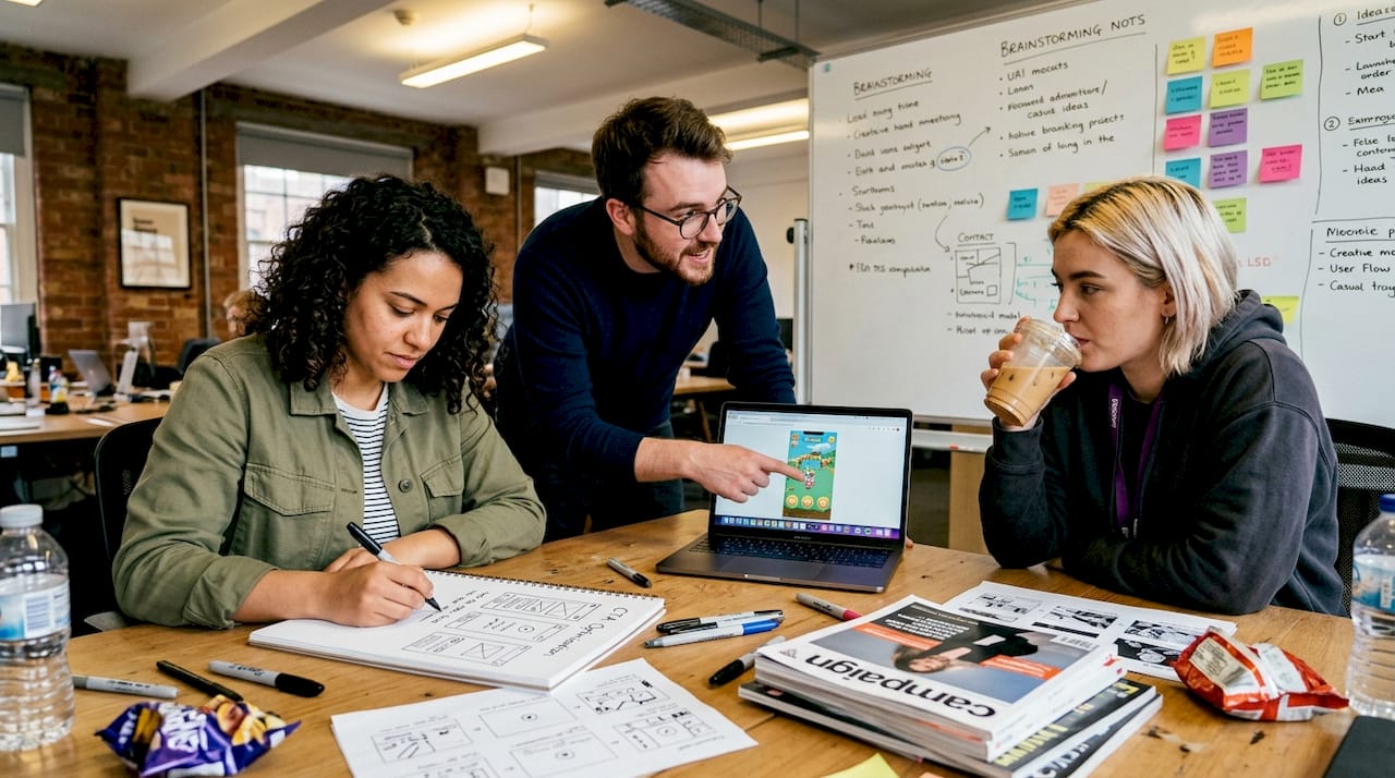 Creative team reviewing playable ad concepts