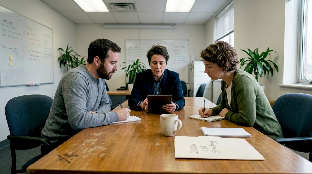 Creative team reviewing ad variants during meeting