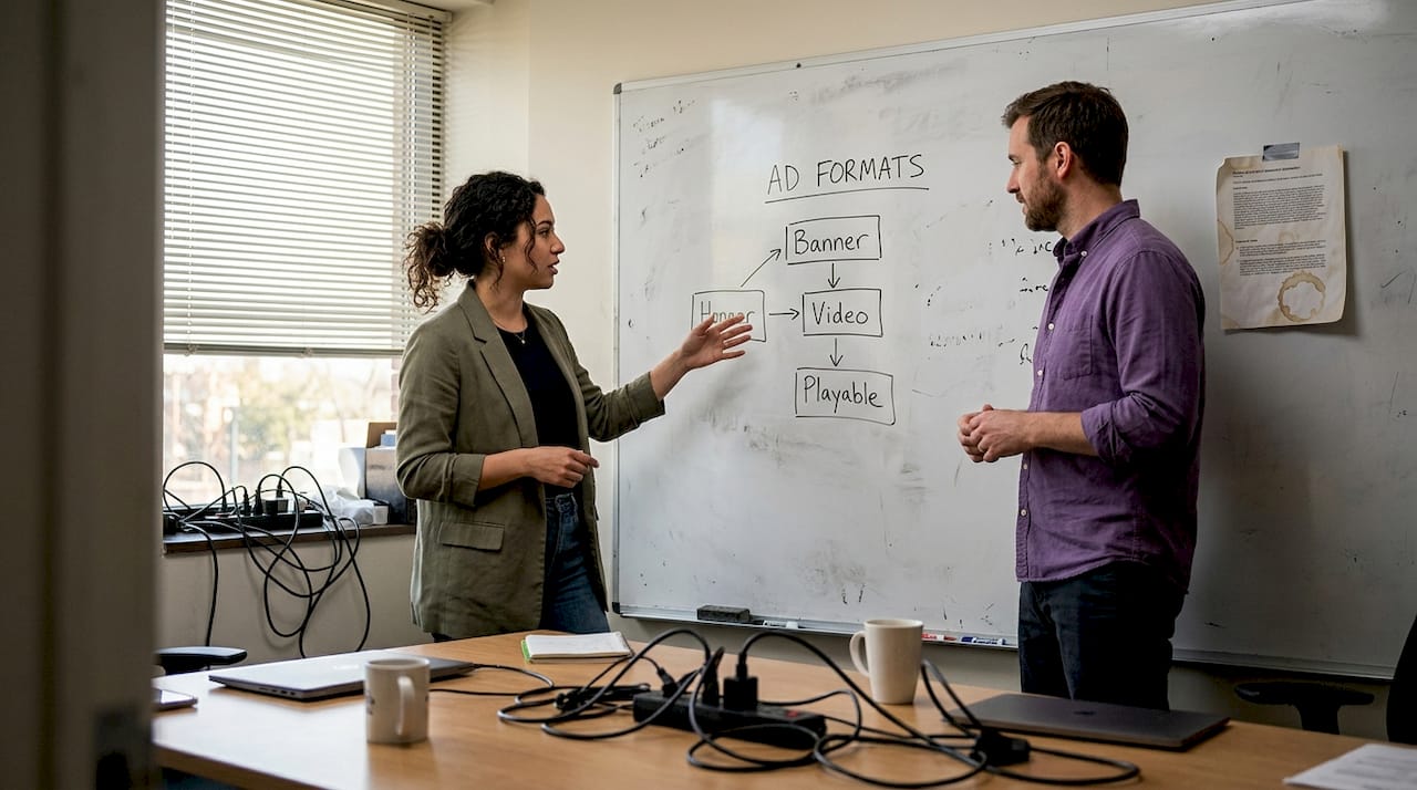 Team brainstorming in-app ad strategies on whiteboard