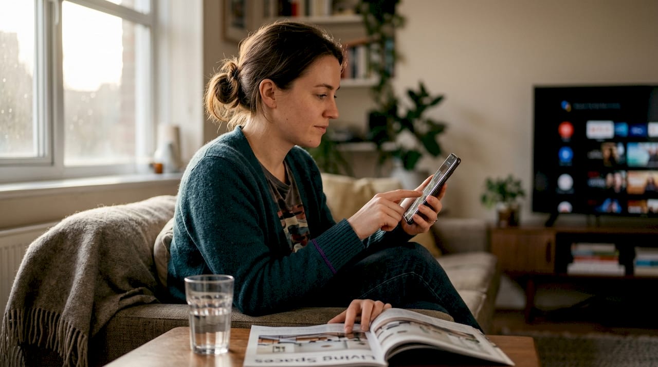 Woman interacting with playable ad at home