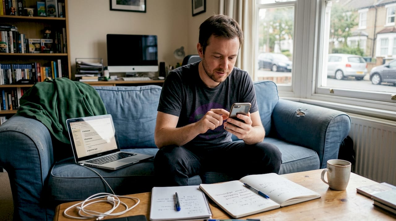 Game developer testing playable ad on phone