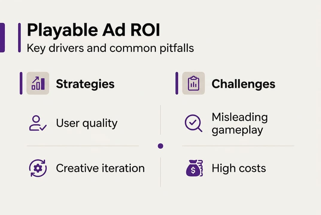 Infographic summarizing playable ad ROI strategies and risks