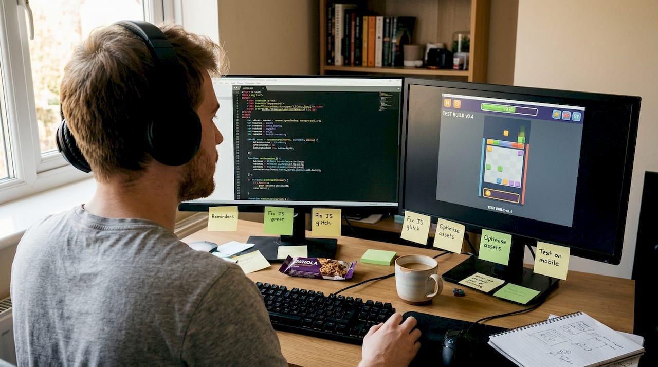 Developer coding HTML5 playable ad mini-game