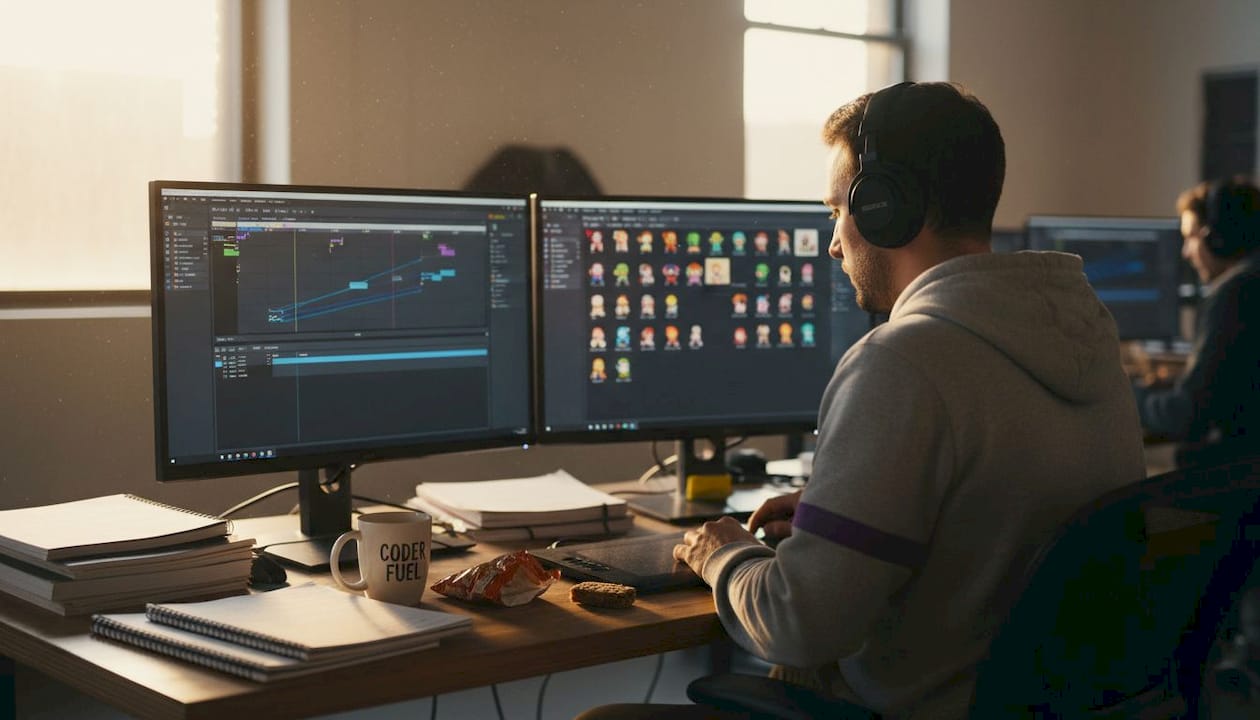 Developer working on game ad creative at desk