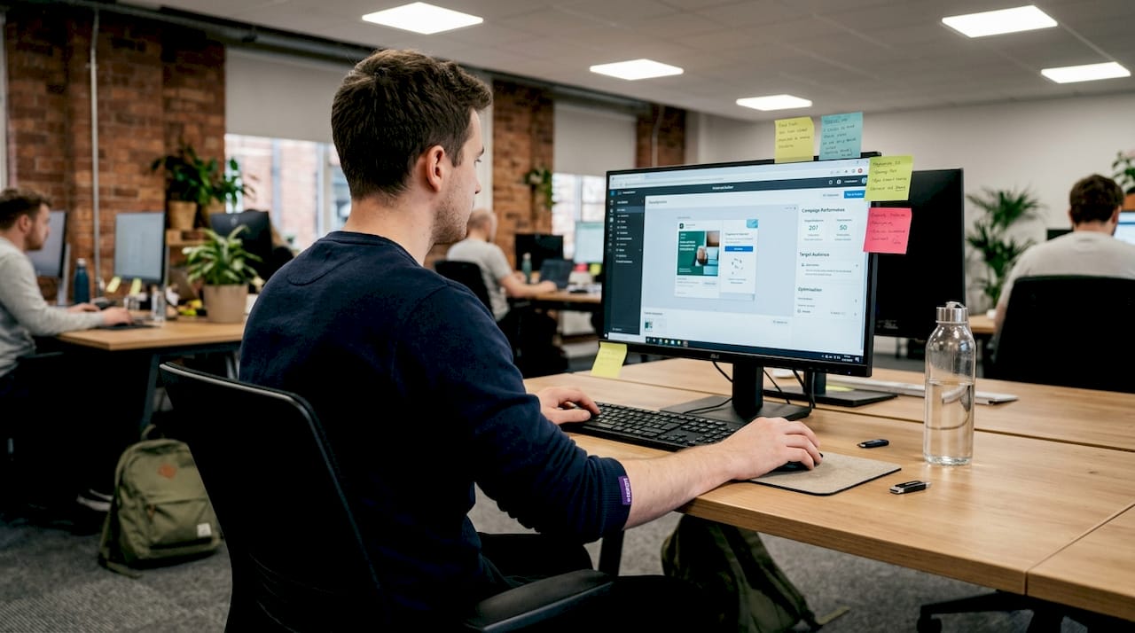 Man using drag-and-drop ad builder