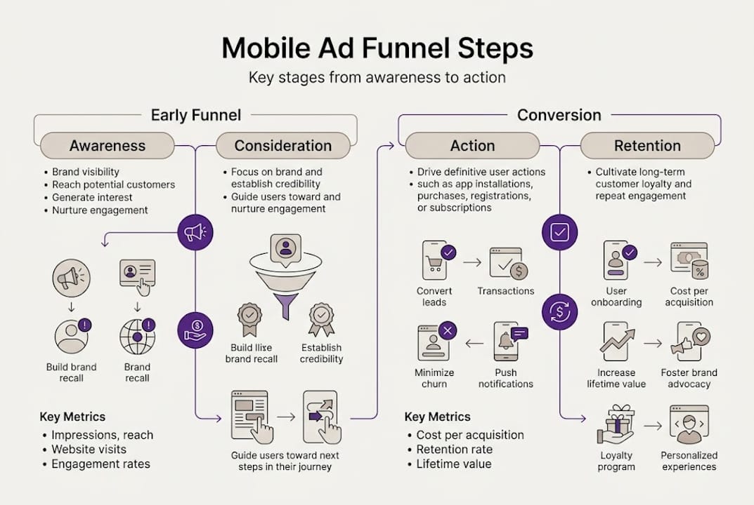 Infographic outlining mobile ad funnel stages