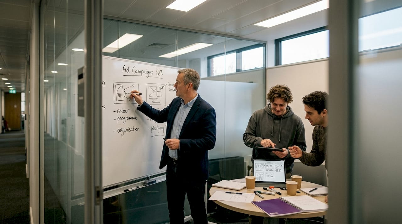 Team developing ad concepts on whiteboard