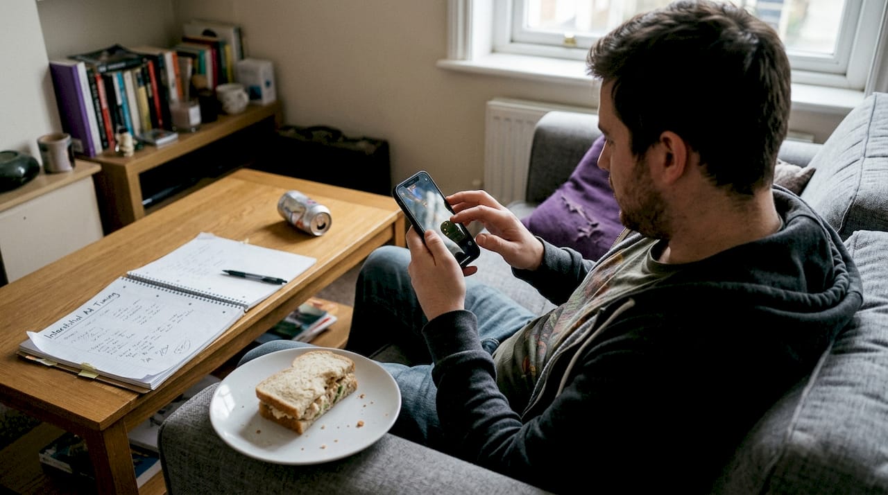 Man playing mobile game with ad notes