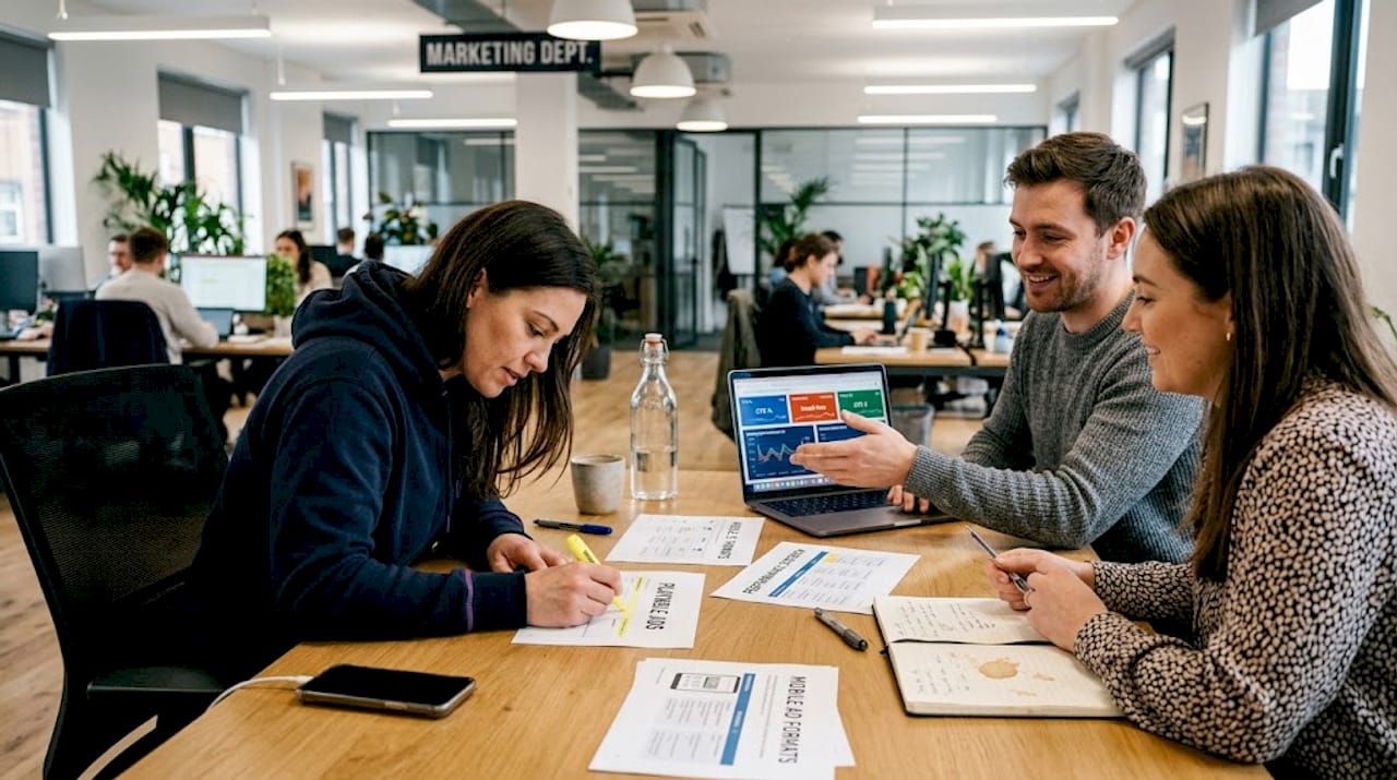 Team reviewing mobile ad formats at table