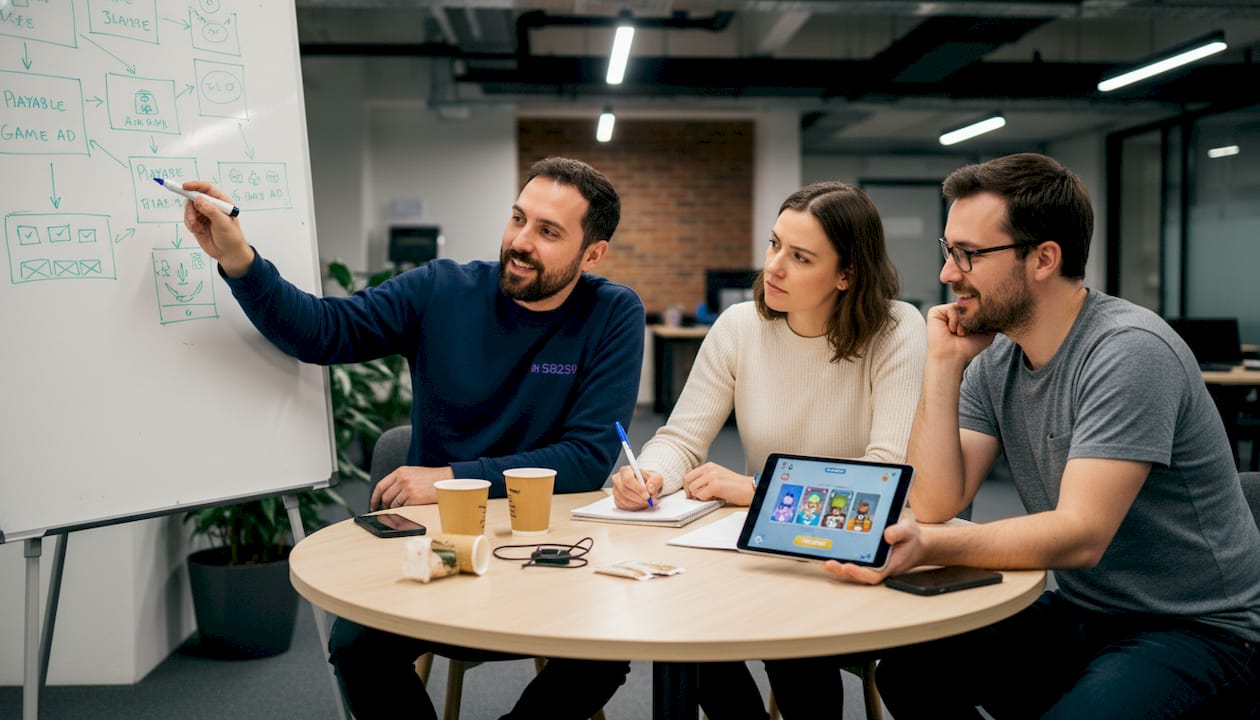 Team discusses playable ad strategies together