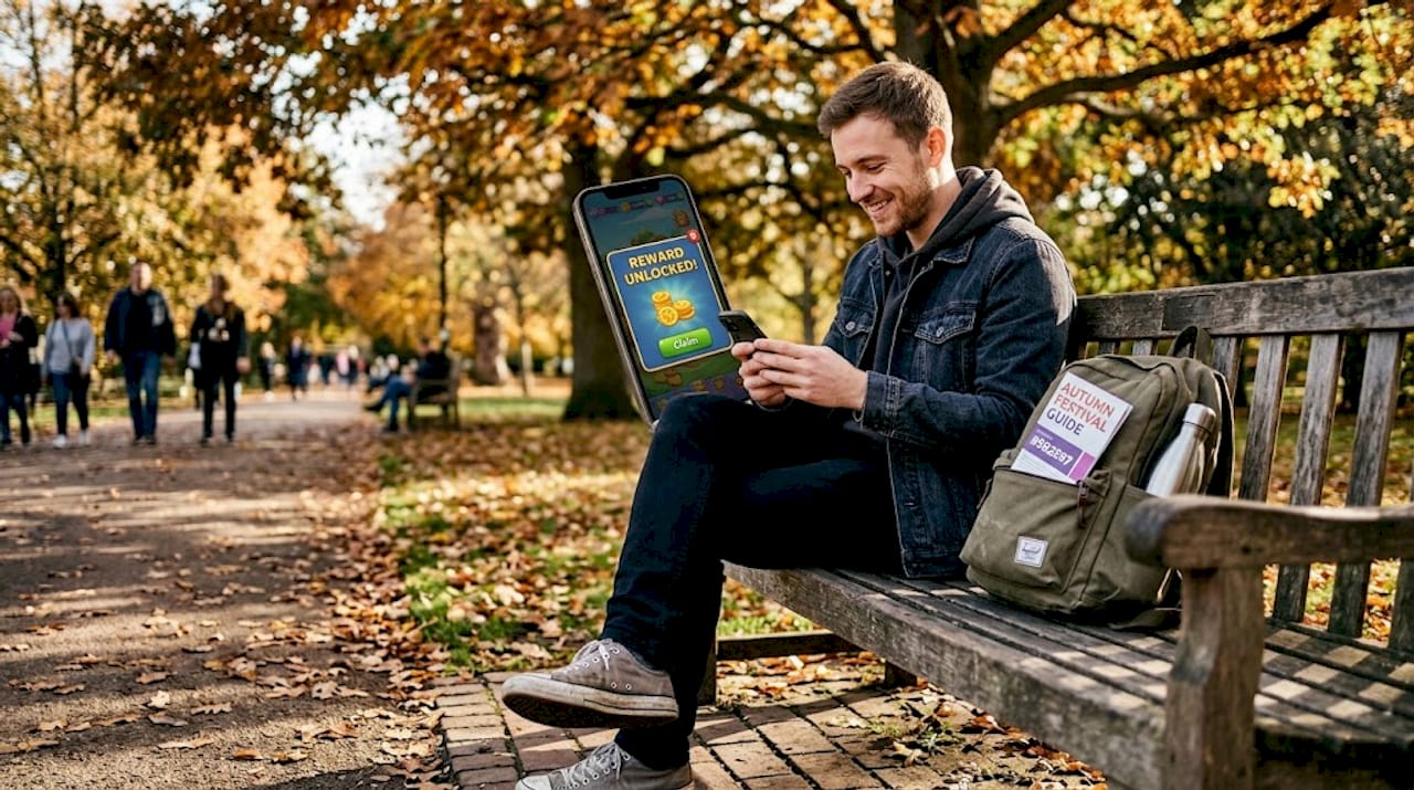 User engaging with rewarded mobile ad outdoors
