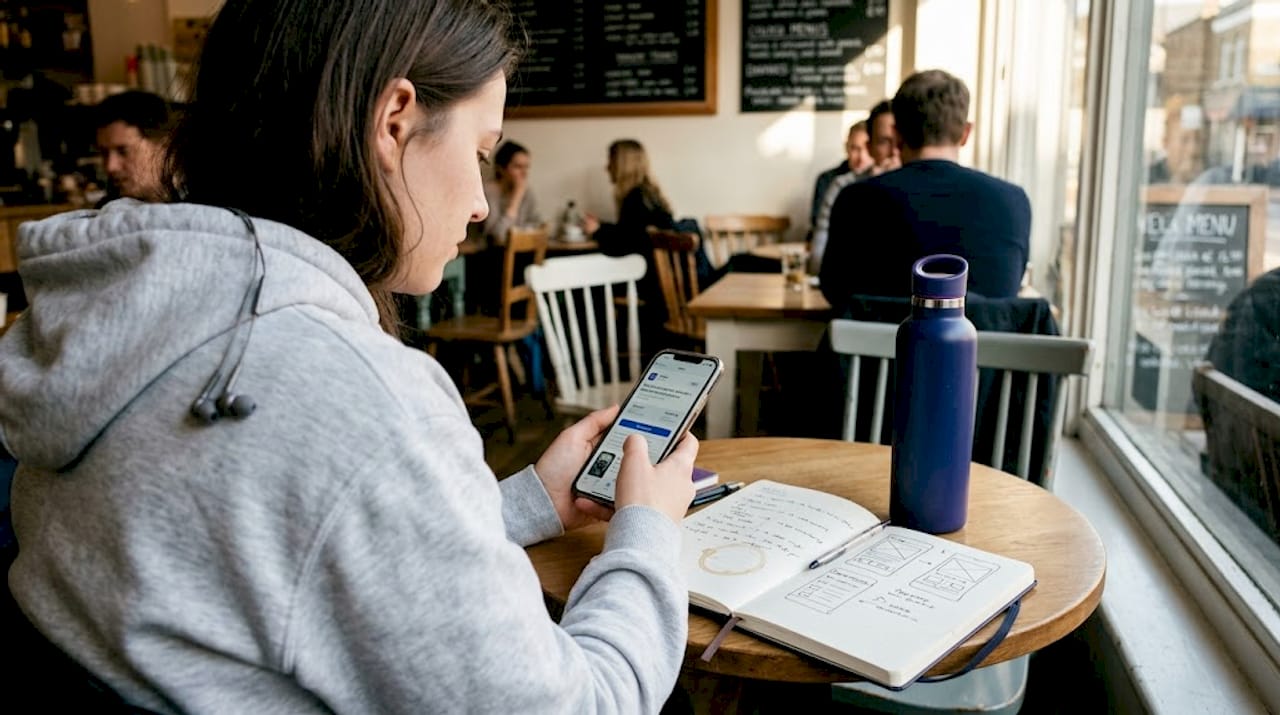 Developer checks banner ads on smartphone