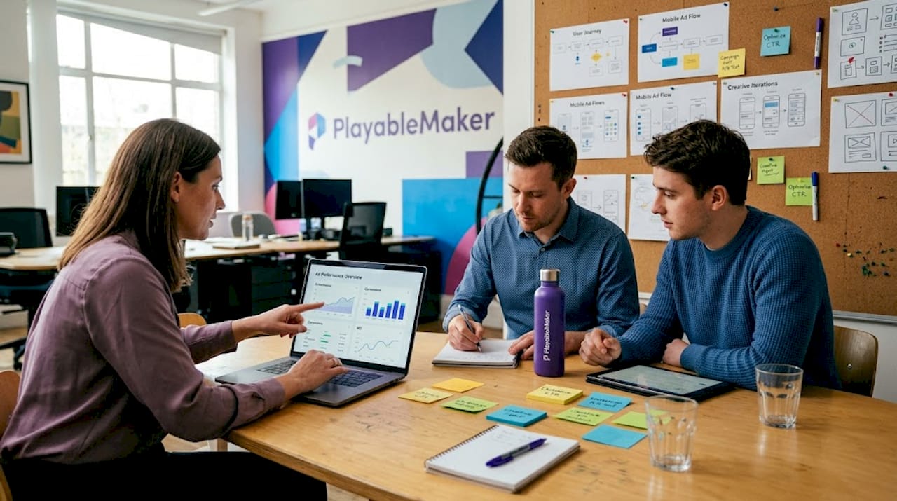 Marketers reviewing mobile ad results together