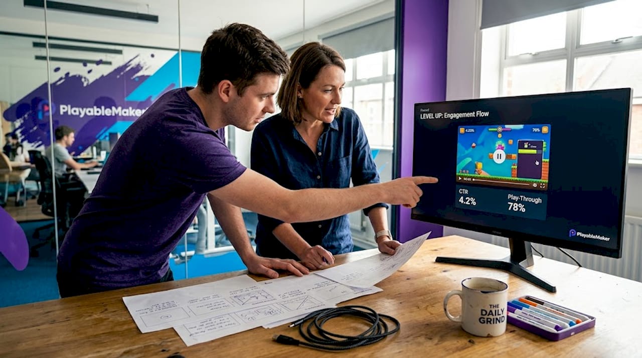 Marketers analyzing playable ad at team desk