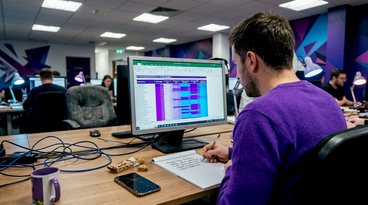 Analyst viewing player behavior spreadsheet