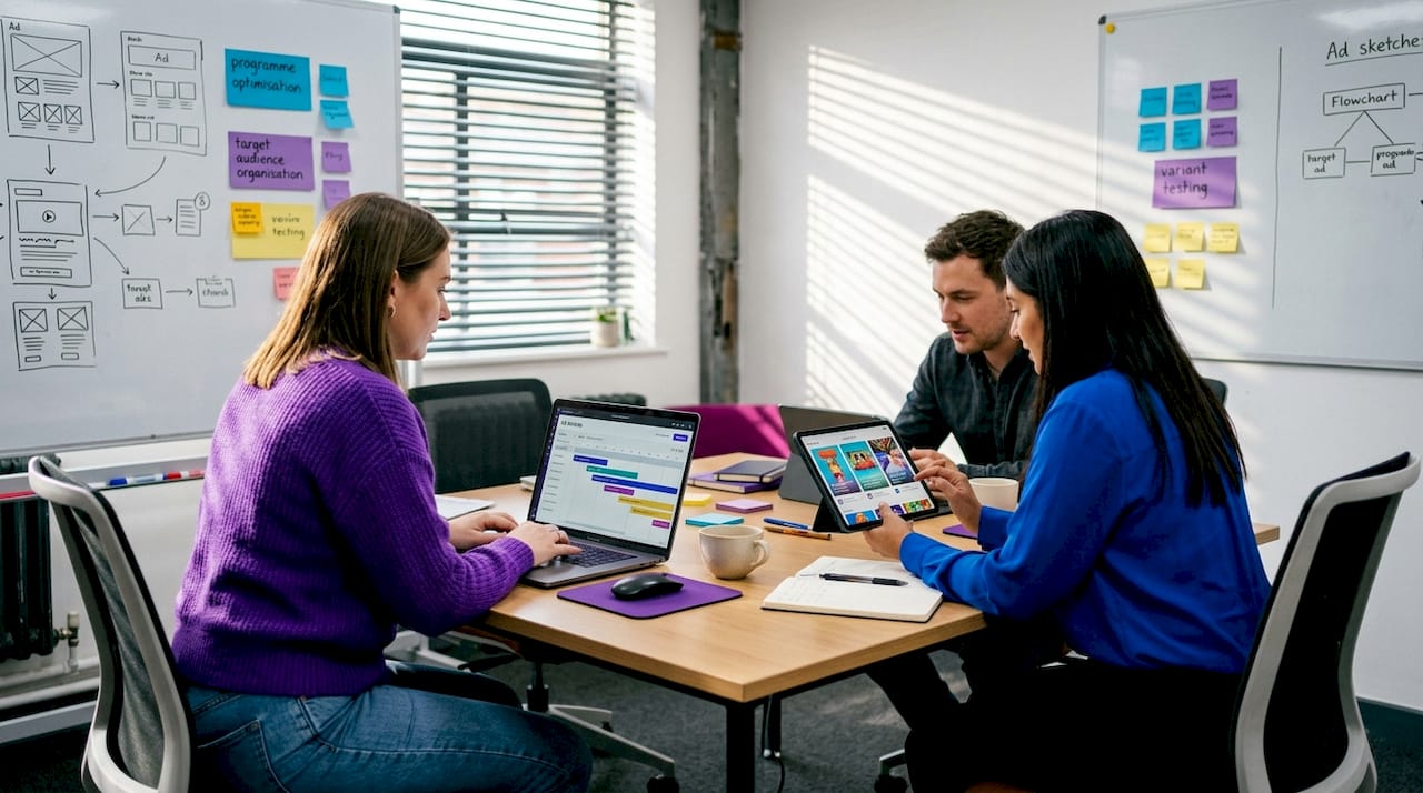 Team reviewing playable ad workflow concepts