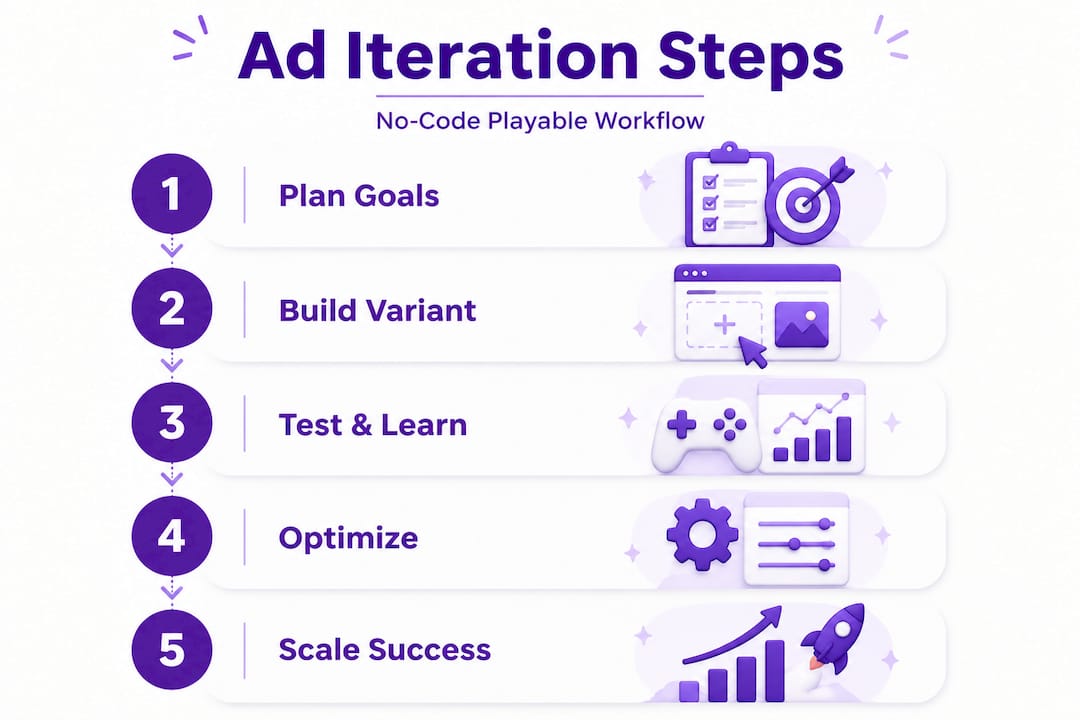 Infographic showing no-code ad iteration workflow steps