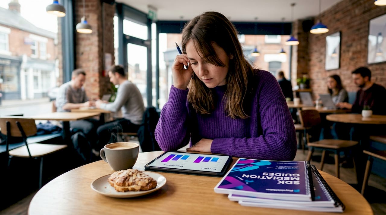Marketer reviewing ad SDK analytics at café table