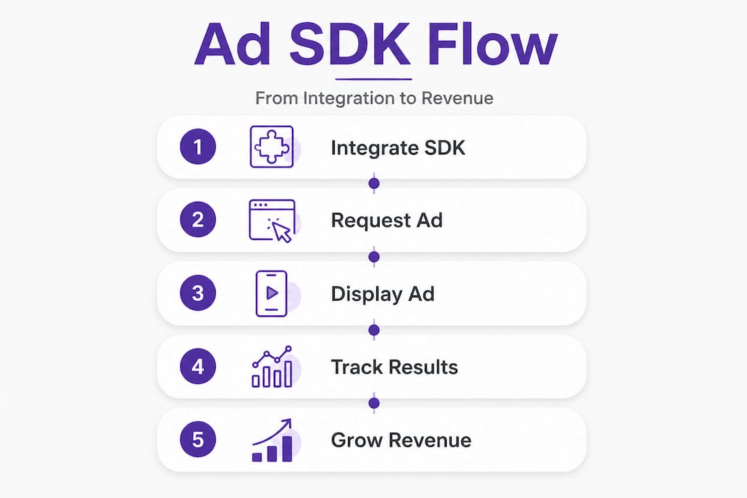 Infographic showing five steps of mobile ad SDK process