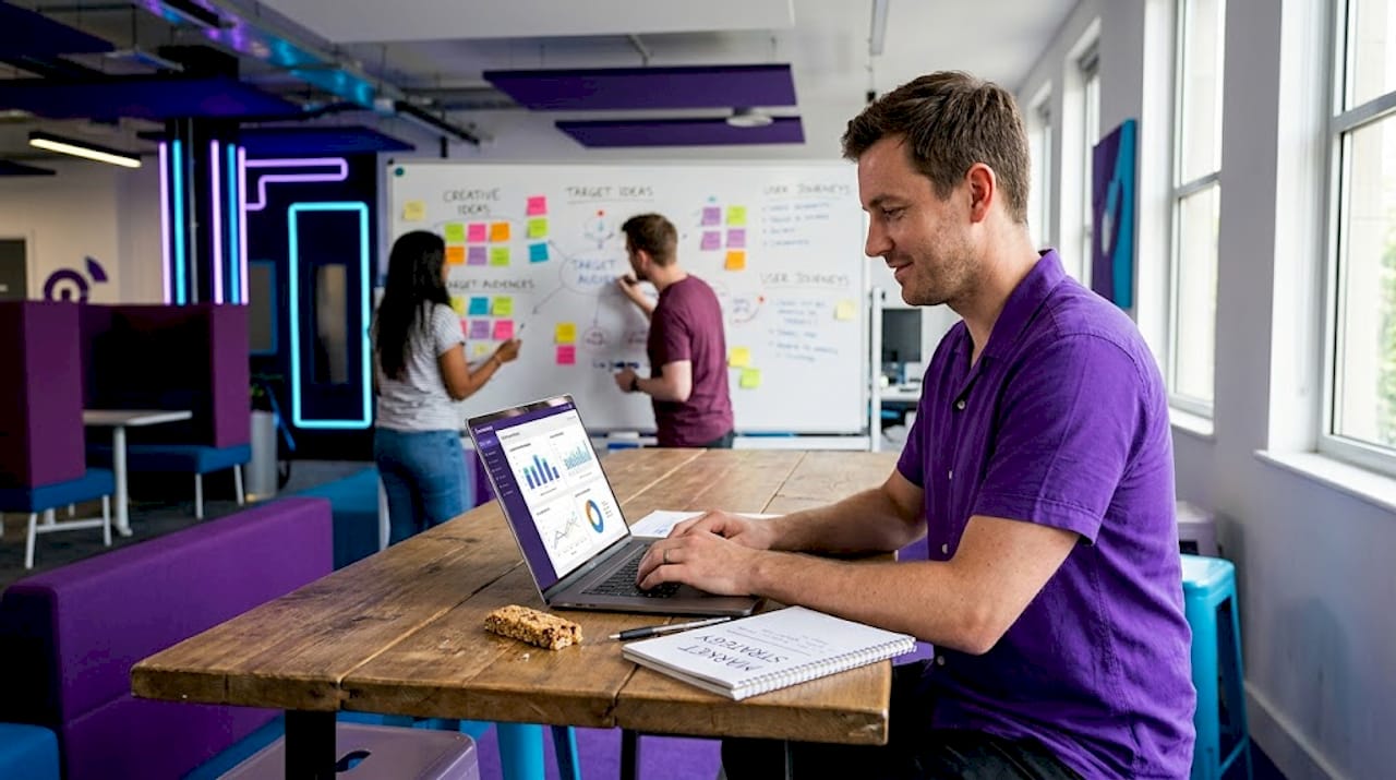 Marketer using ad dashboard and taking notes