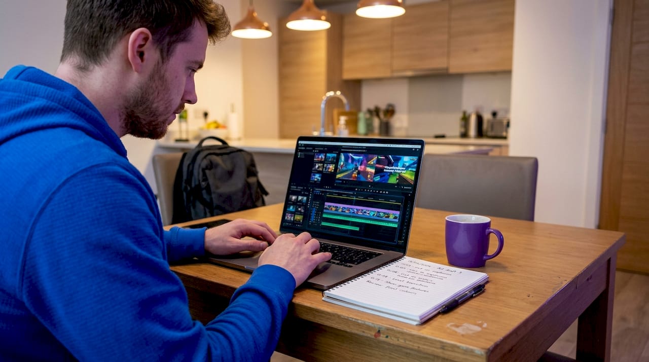 Man edits mobile video ad at kitchen table