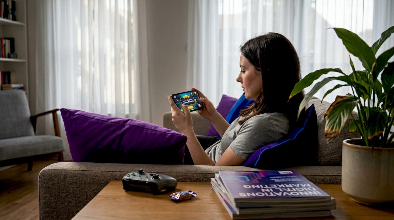 Person playing mobile playable ad at home