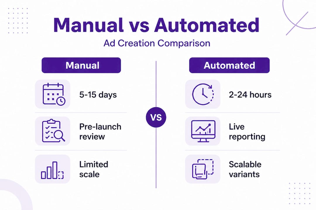 Infographic comparing manual and automated ad workflows